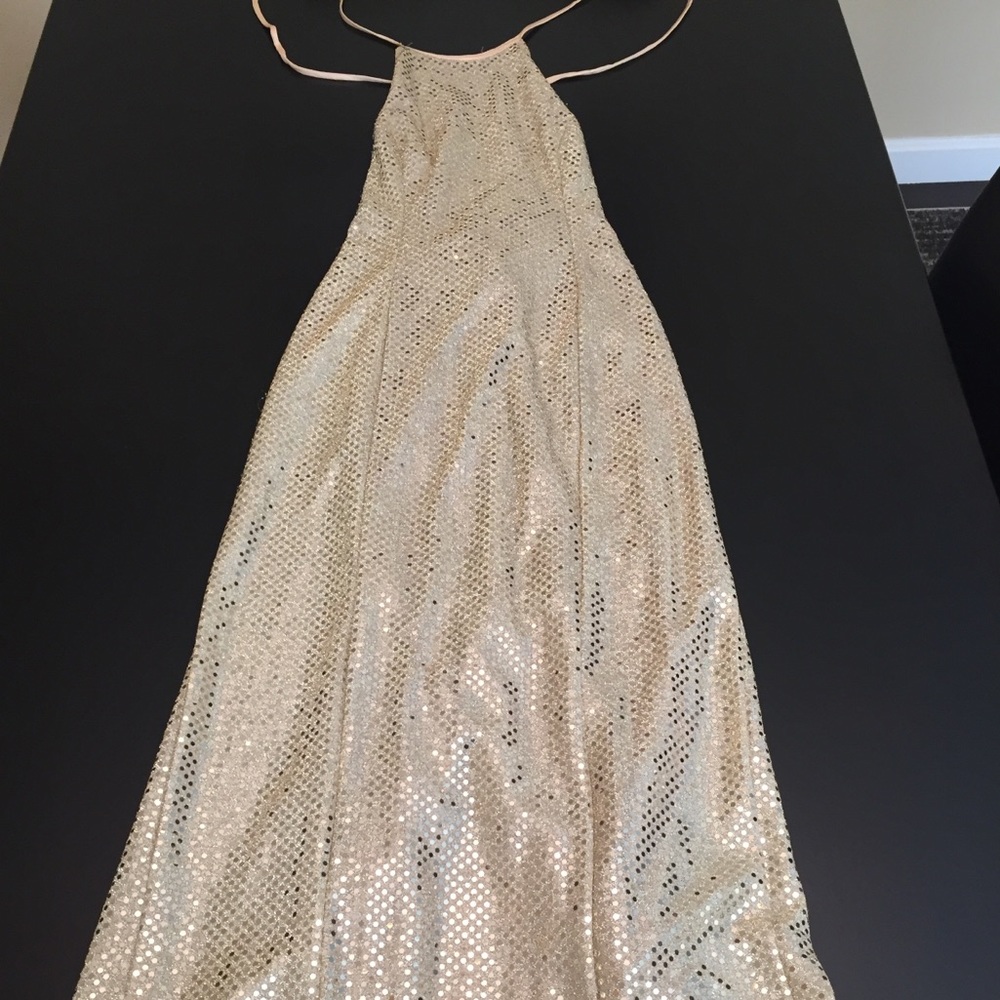 Long gold sequenced gown.